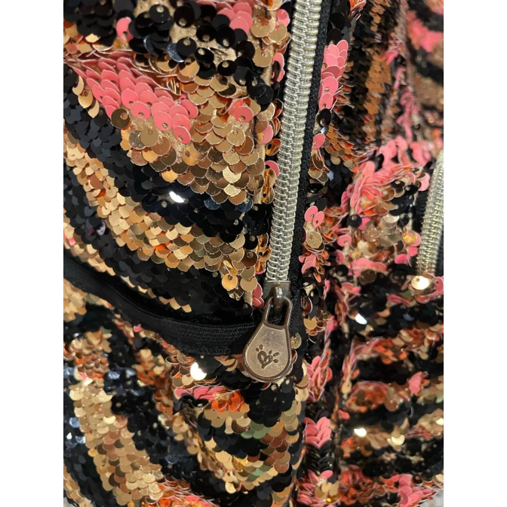 Girls' Backpack-Justice Pink Black Gold Flip-Sequin Zebra (Back to School)